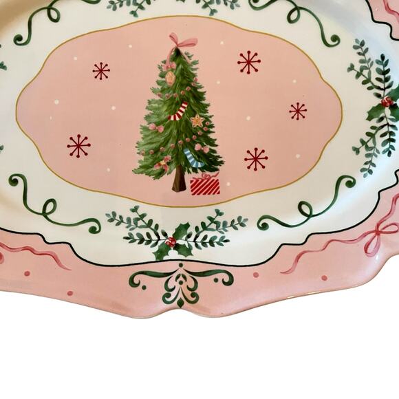 Pink Christmas Tree Serving Platter 14x10 Ceramic Holiday Bows Holly NEW - Picture 5 of 12